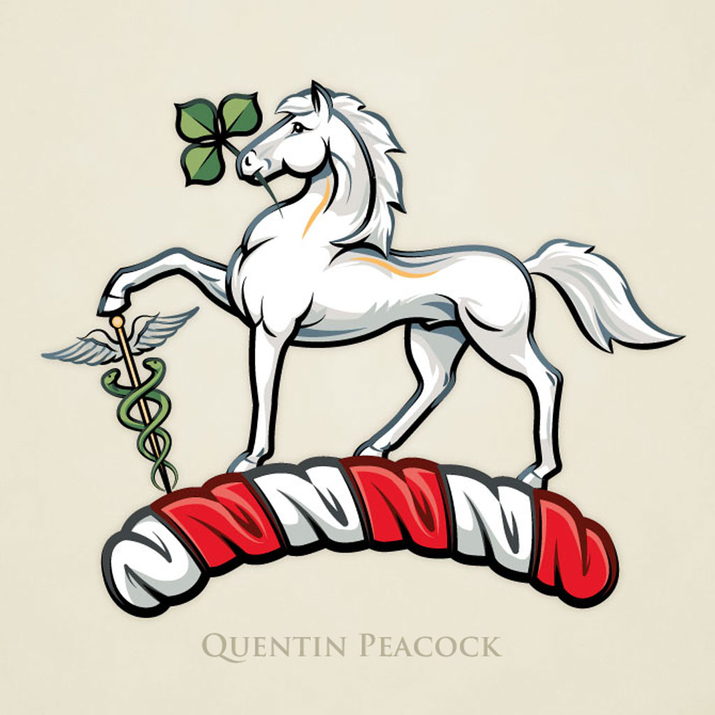 Vector illustration of a crest with a white horse, caduceus and shamrock
