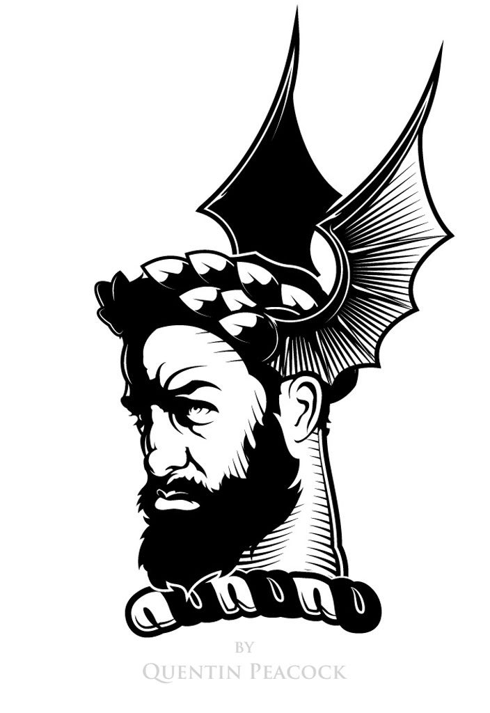 Crest: a satyr Sanguine, wreathed with olive leaves Proper, with bat's wings to the sides illustrated by Quentin Peacock