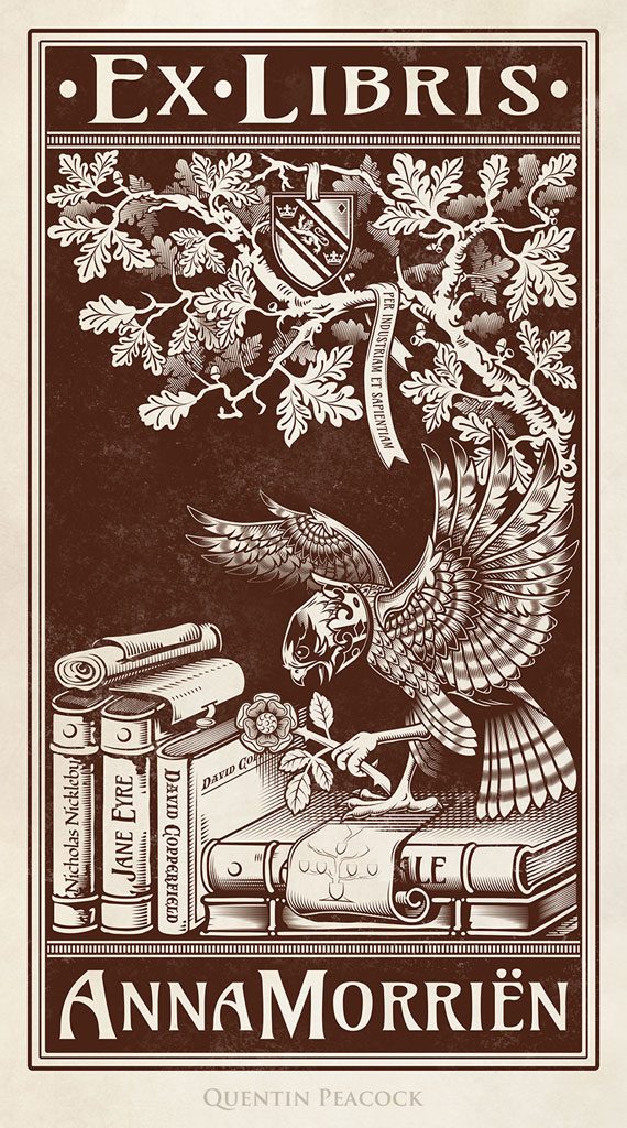 Vector bookplate illustration in an aged wood print style