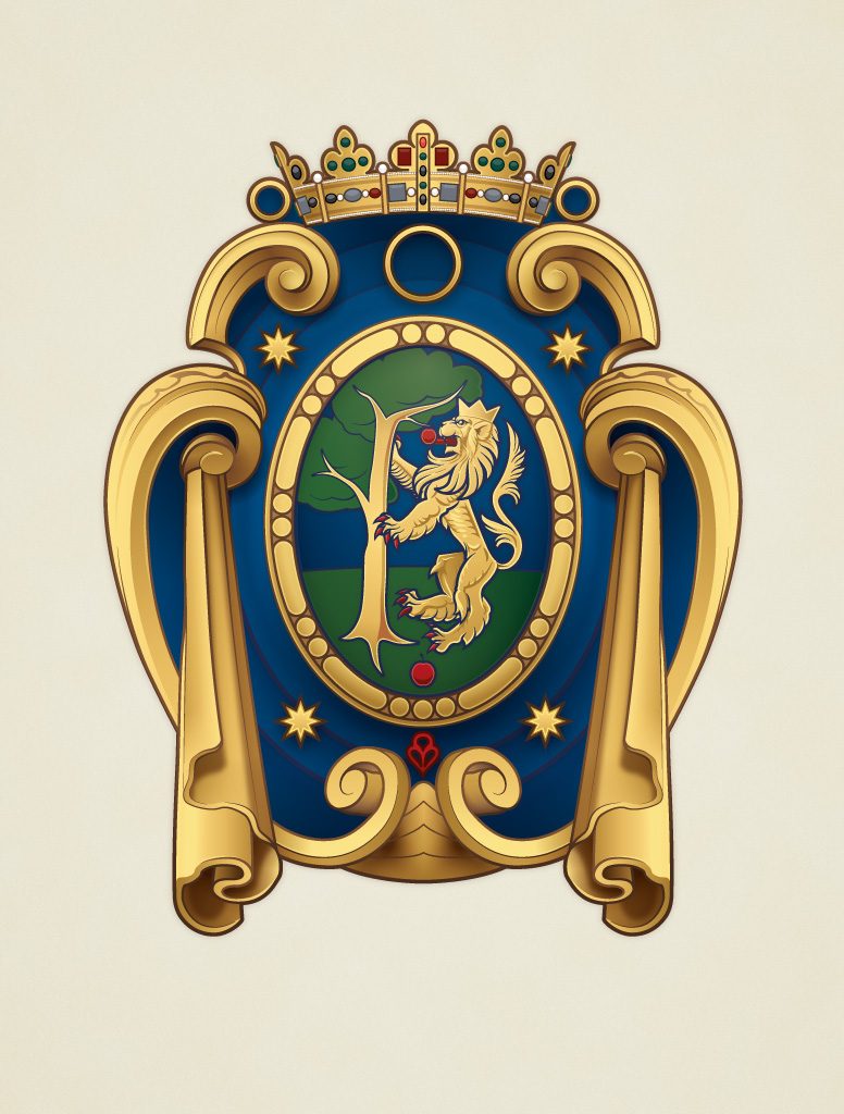 Greek Arms decorated in a Baroque frame illustrated by Quentin Peacock