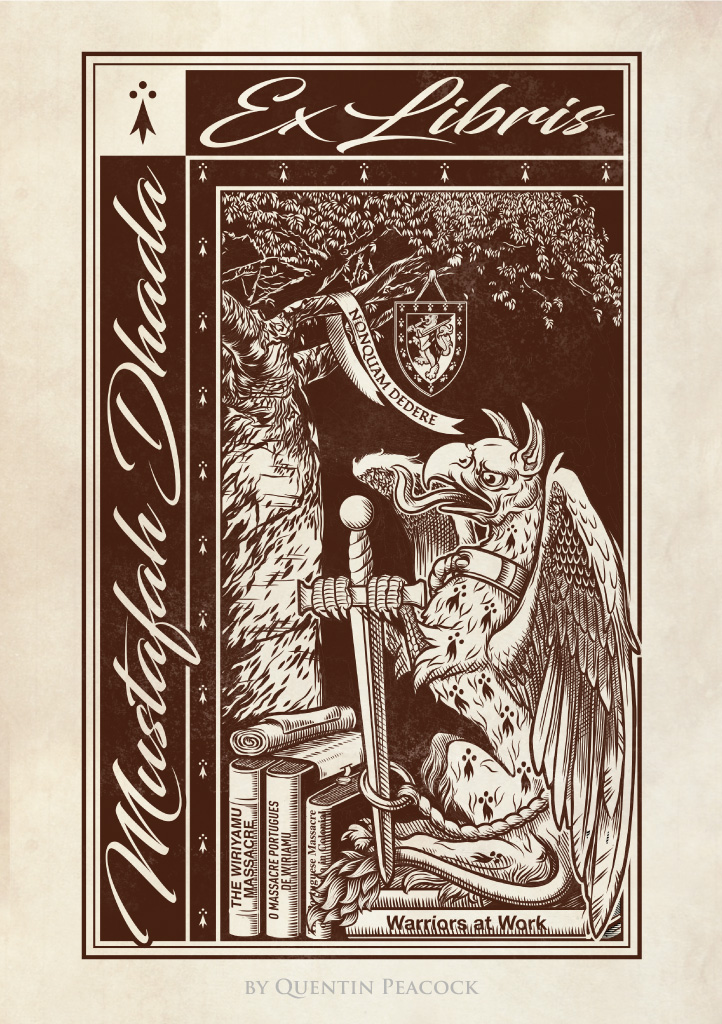 The bookplate of Mustafah Dhada illustrated by Quentin Peacock
